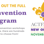 A purple and yellow banner with the words " convention program ".